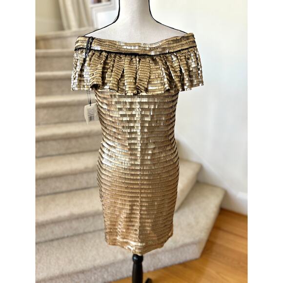 NWT SHO Tadashi Shoji Liquid Gold Sequin Off the Shoulder Mini Dress - Picture 2 of 12